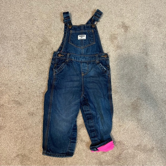 Oshkosh B’Gosh Denim Overalls with Hot Pink Fleece Lined- 24 Months - Picture 1 of 3